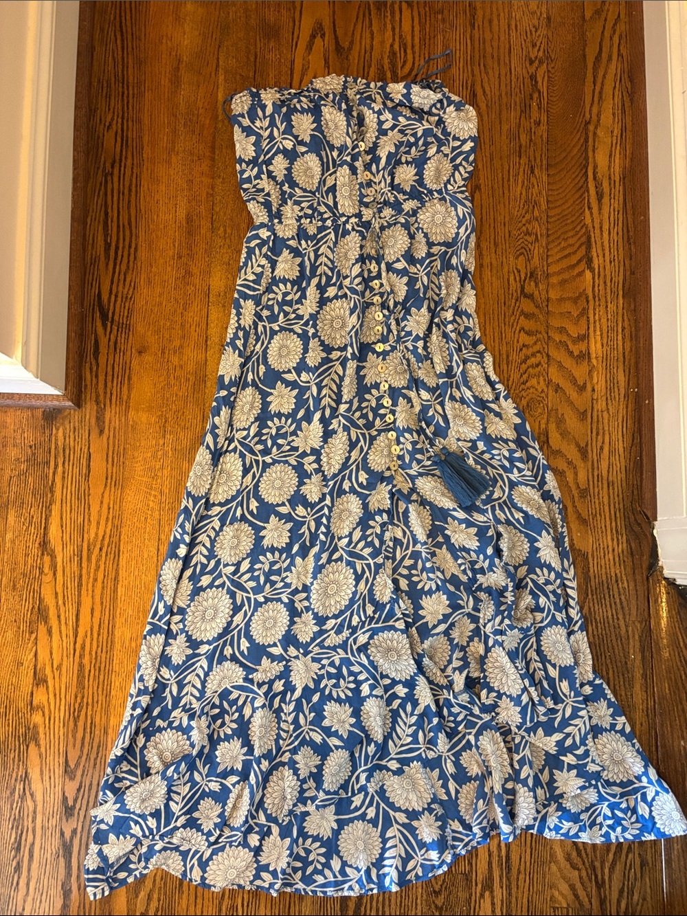 Blue Floral Strapless Maxi Dress with Tassel Tie
